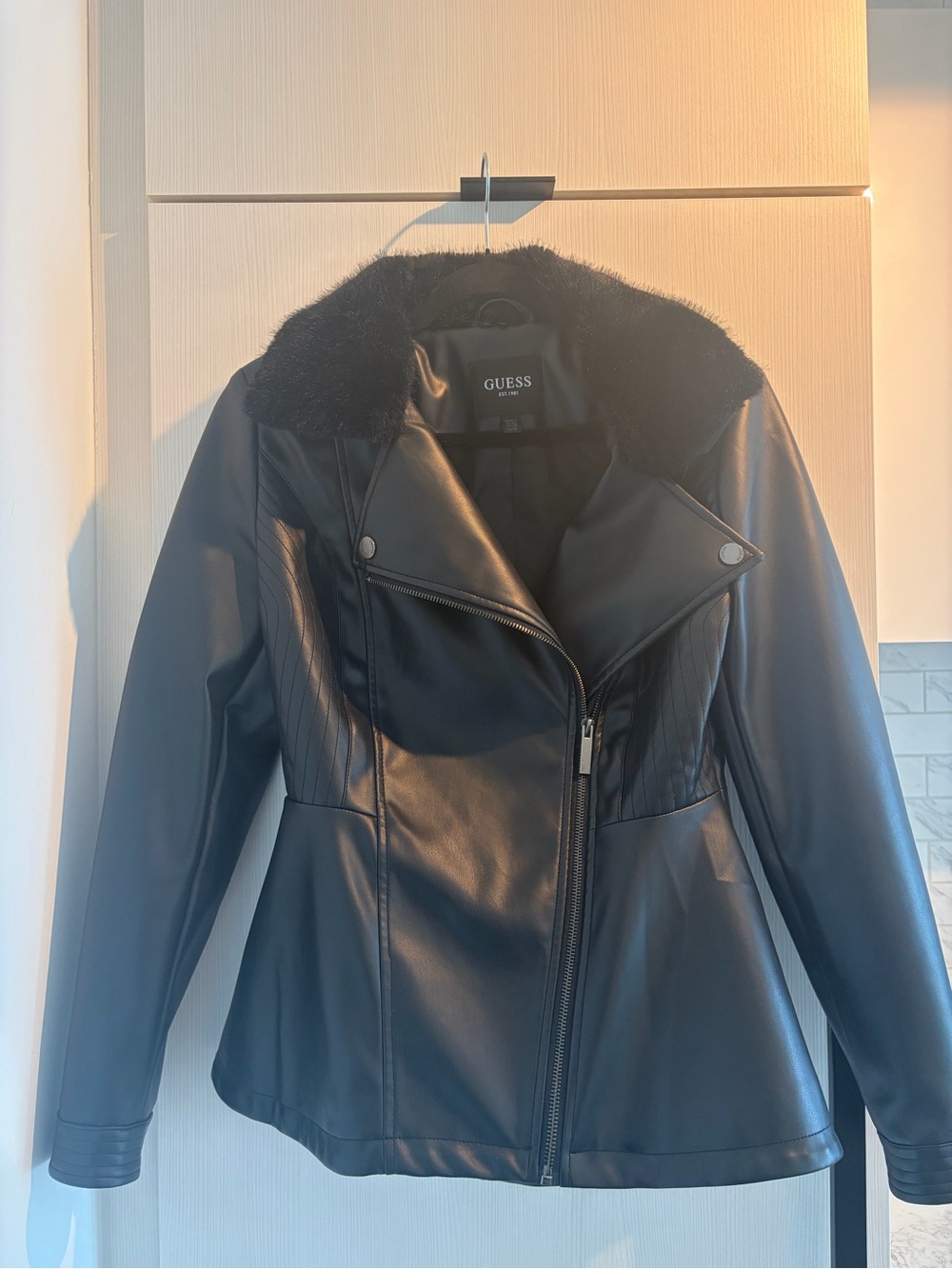 GUESS Black Faux Leather Jacket with Faux-Fur Collar